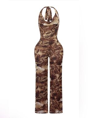 Marbled Brown Halter Wide-Leg Jumpsuit